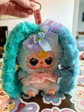 Plush Bunny Keychain Doll - Aqua Blue Cute Character Lily rabbit in town